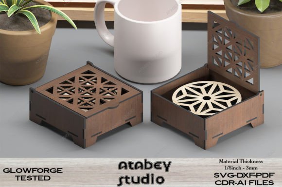 Wood Coasters with Box / Laser Ornament Graphic 3D Shadow Box By atacanwoodbox