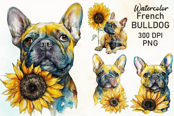 French Bulldog Sunflower Watercolor PNG Grafik KI Illustrationen Von Md Shahjahan