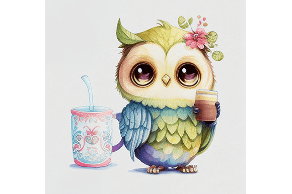 Cute Owl with a Cup Watercolor PNG File Grafik Druck-Vorlagen Von WangTemplates