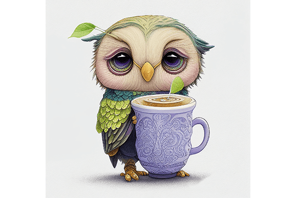 Cute Owl with a Cup Watercolor PNG File Grafik Druck-Vorlagen Von WangTemplates