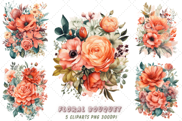 Coral Floral Bouquet Watercolor Clipart Graphic Illustrations By Florid Printables