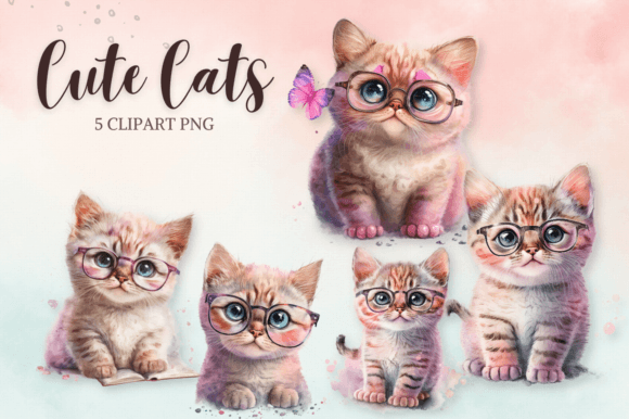 Cute Baby Cats Wearing Glasses Clipart Graphic AI Transparent PNGs By HafsaStudio