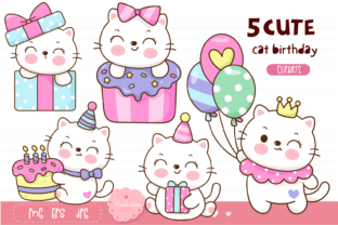 Cute Cat Birthday Party. Kawaii Kitten Gráfico Ilustrações para Impressão Por vividdiy8 1