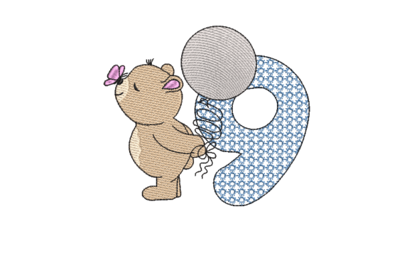 Number Nine Cute Teddy Bear Teddy Bears Embroidery Design By sketch2stitch