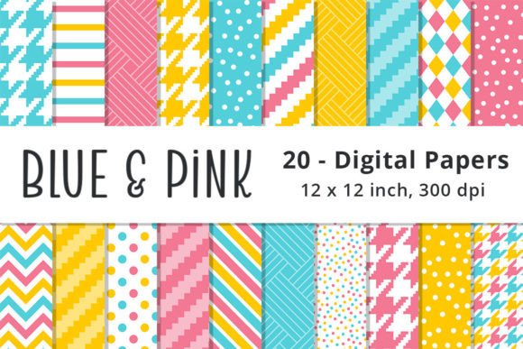 Pink, Blue, and Yellow Digital Paper Gráfico Patrones de Papel Por Lemon Paper Lab