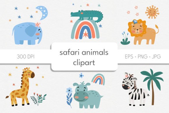 Safari Animals Clipart. Kids Clipart Graphic Objects By rinaletters