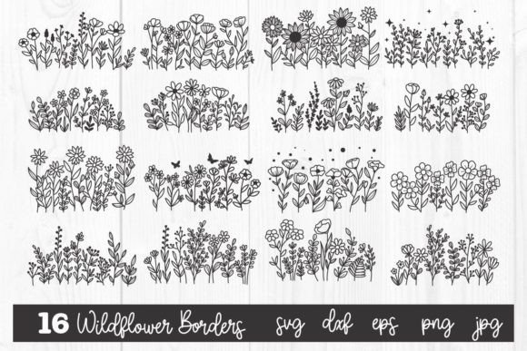 18 Wildflowers Svg, Wildflower Border Gráfico Plantillas de Impresión Por dadan_pm