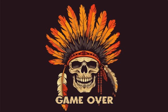 Indian Chief Skull Vector Vintage Illust Graphic T-shirt Designs By Fractal font factory