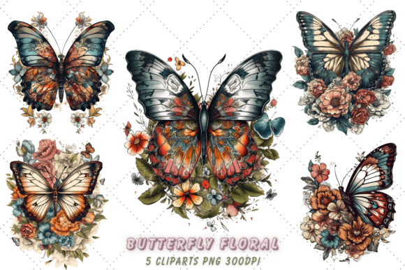Retro Butterfly Floral Clipart Bundle Gráfico Ilustraciones Imprimibles Por Florid Printables