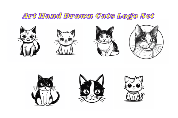 Art Hand Drawn Cat Logo Set Afbeelding Afdrukbare Illustraties Door Actart Designs