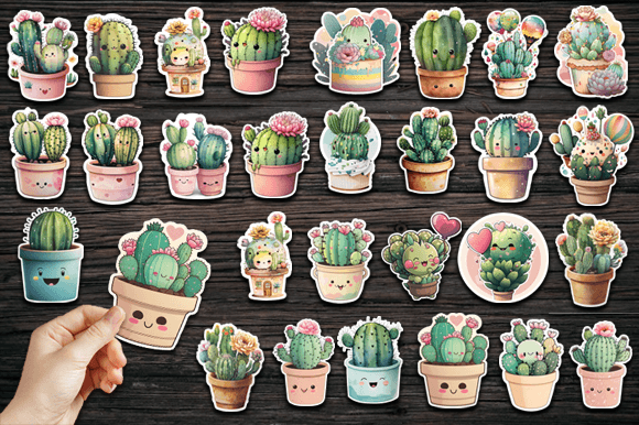 Kawaii Cute Cactus Stickers Bundle Gráfico Ilustraciones IA Por ABStore