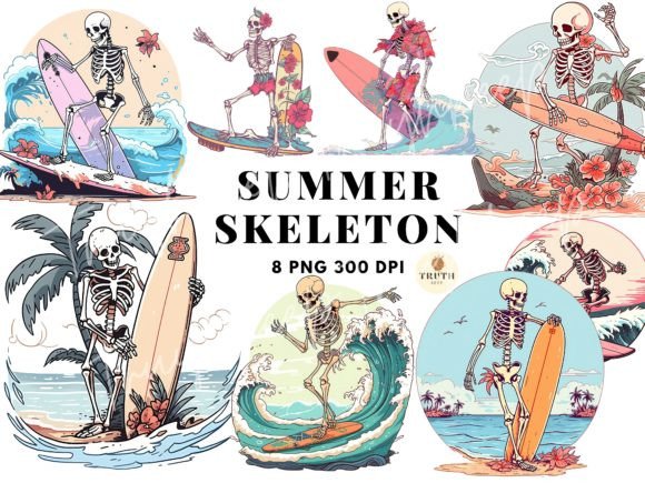 Summer Skeleton Surfing Clipart Bundle Graphic Illustrations By TRUTHkeep