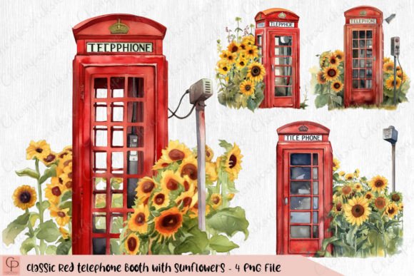 Classic Red Telephone Booth Sunflowers Grafika Przezroczyste pliki PNG AI Przez chompooraksa