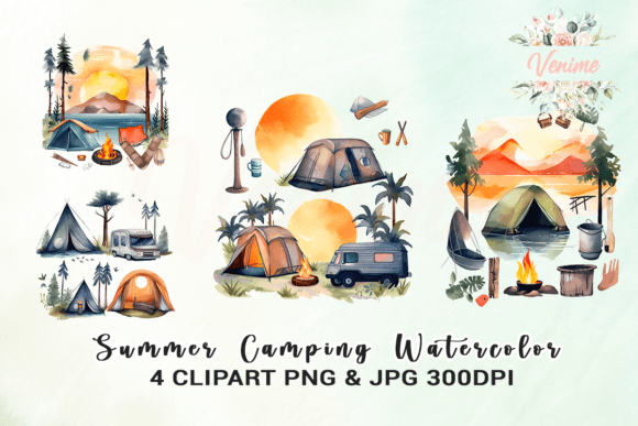 Summer Camping Watercolor Clipart Graphic Crafts By Venime
