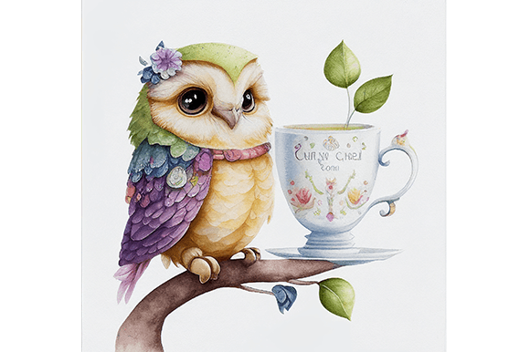 Cute Owl with a Cup Watercolor PNG File Graphic Print Templates By WangTemplates