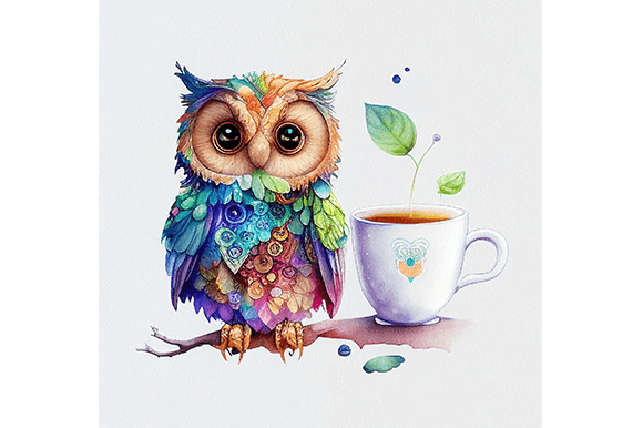 Cute Owl with a Cup Watercolor PNG File Graphic Print Templates By WangTemplates