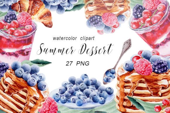 Summer Dessert Watercolor Clipart, PNG Afbeelding Afdrukbare Illustraties Door ElenZharovaArt