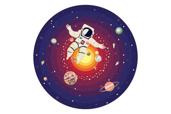 Spaceman Flying Among Stars and Planets Grafika Wysokiej Jakości Obiekty Graficzne Przez AnnArtshock