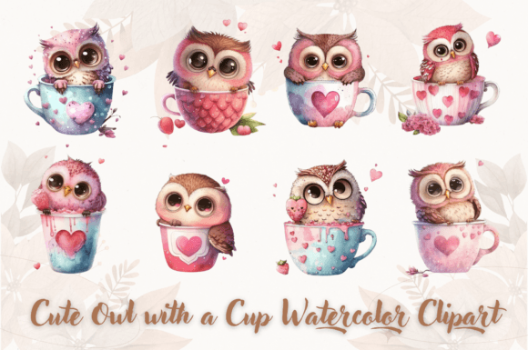 Cute Owl with a Cup Watercolor Clipart Graphic Ilustrações para Impressão By Digital Xpress