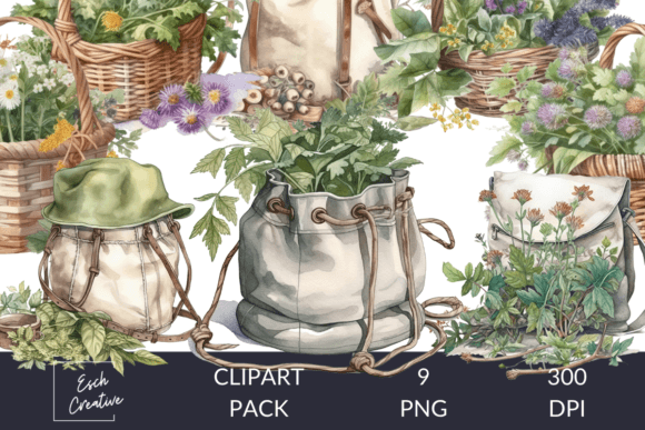 Herbalist Bags & Baskets Watercolor Art Gráfico Ilustrações para Impressão Por Esch Creative