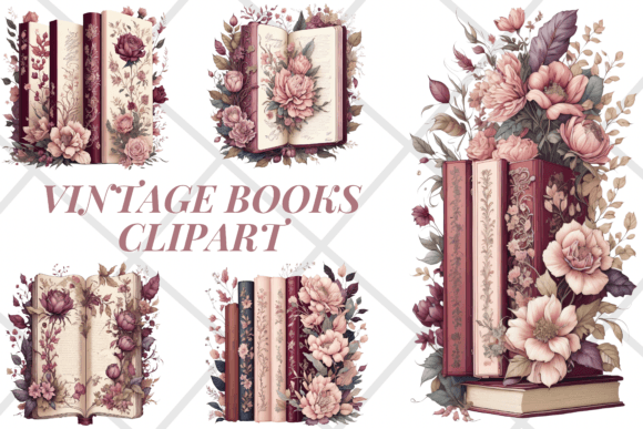 Burgundy Watercolour Floral Books Bundle Grafika Przezroczyste pliki PNG AI Przez YnovaArt