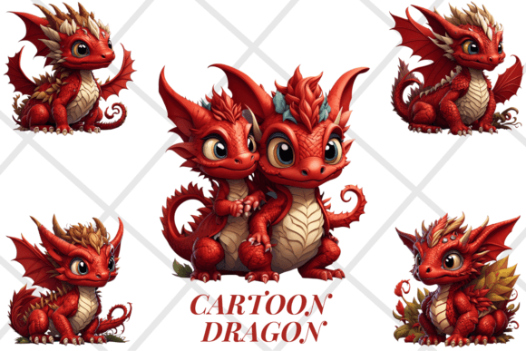 Cartoon Red Dragon Clipart Bundle Graphic AI Transparent PNGs By YnovaArt