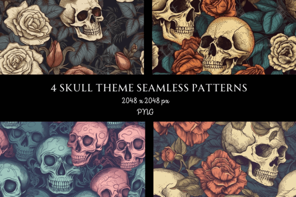 4 Floral Skull Seamless Patterns Afbeelding AI Patronen Door LTADesigns