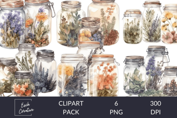 Herbs in Jars, Herbalist Watercolor Art Illustration Illustrations Imprimables Par Esch Creative