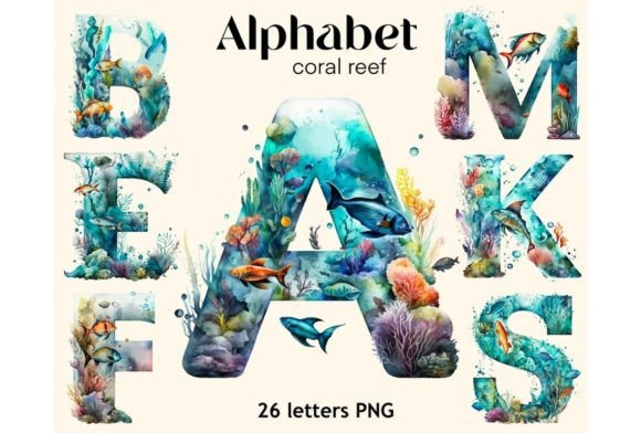Alphabet 26 PNG Coral Reef Watercolor Graphic Illustrations By HelloMyPrint