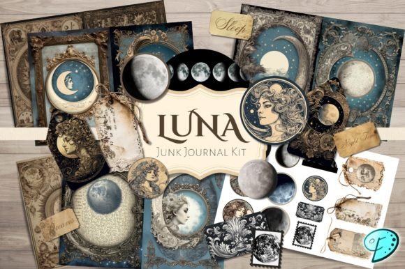 Luna Junk Journal Kit Gráfico Objetos Gráficos de Alta Calidad Por Emily Designs