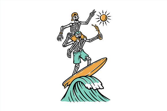 Couple of Skulls Are Surfing on Beach Illustration Illustrations Imprimables Par Gunaone Design