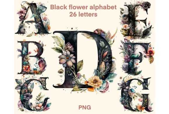 Alphabet Black Flowers Watercolor 26 PNG Graphic Illustrations By HelloMyPrint