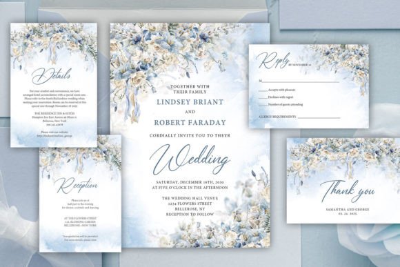 Winter Dusty Blue Flowers Wedding Invite Afbeelding Afdruk Sjablonen Door Blush Roses