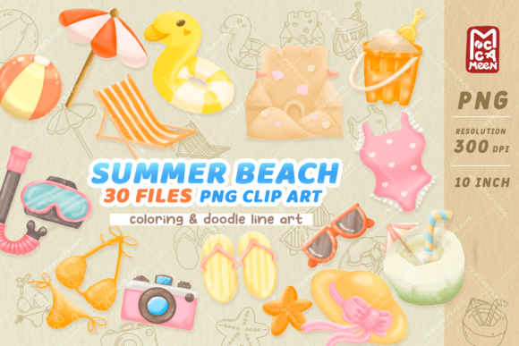 Summer Beach Color and Doodle Lineart Graphic Illustrations By moccameen