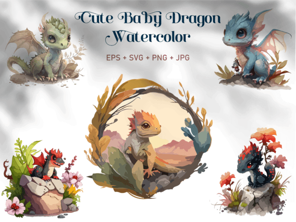 Cute Baby Dragon Watercolor SVG Clipart Graphic Illustrations By phoenixvectorart