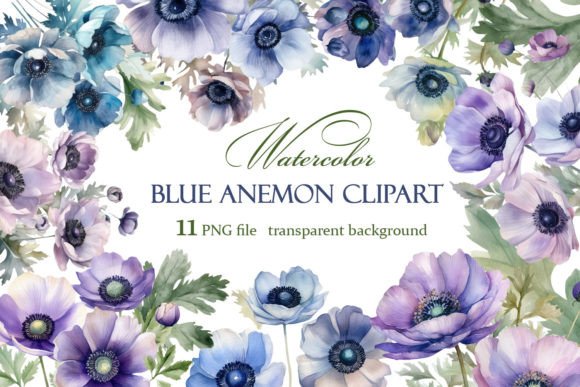 Lilac and Blue Anemone Flowers Clipart Graphic Illustrations By ElenaZlataArt