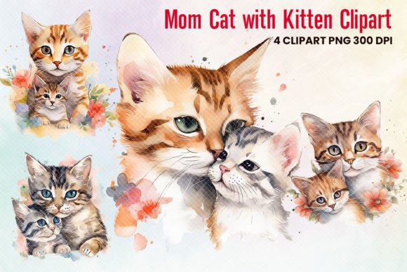 Kitten with Mom Cat Clipart Mothers Day Graphic Illustrations By xcreativesdesign