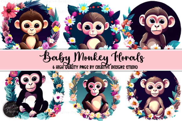 Baby Monkey Florals Clipart Graphic Set Graphic AI Generated By Creative Designs