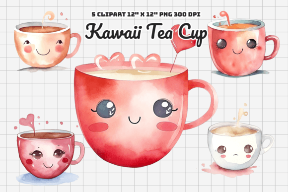 Kawaii Tea Cup Watercolor Sublimation Graphic Illustrations By Gemstone