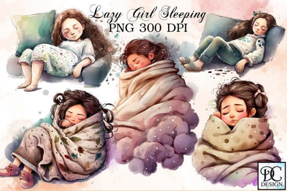 Lazy Girl Sleeping Watercolor Clipart Gráfico Ilustrações para Impressão Por Little Girl