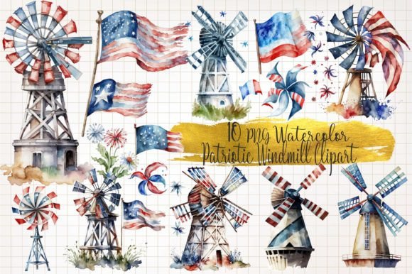 Patriotic Windmill Watercolor Clipart Graphic AI Generated By WaterColorArch
