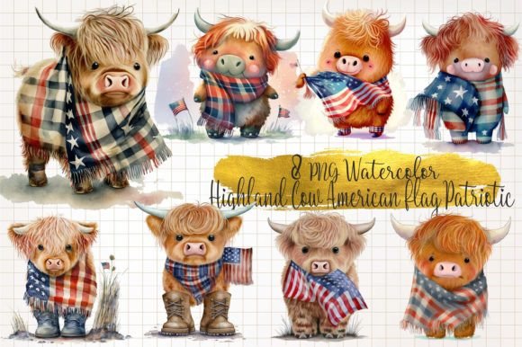 Highland Cow American Flag Patriotic Graphic AI Generated By WaterColorArch