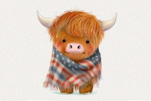 Highland Cow American Flag Patriotic Graphic AI Generated By WaterColorArch 5