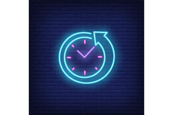 Clock with Arrow Neon Sign. Round Clock Graphic Illustrations By pch.vector