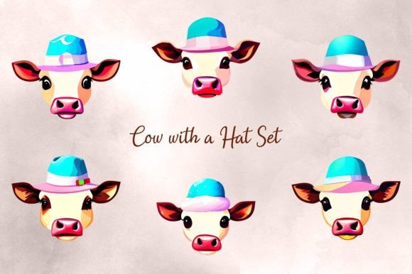 Cow with a Hat Set Graphic Illustrations By Pixel Playhouse