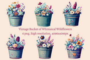 Vintage Bucket of Whimsical Flowers Graphic AI Transparent PNGs By LuckyLeaf Design 1