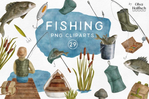 Watercolor Fishing Tackle Clipart Set Graphic Illustrations By Olya Haifisch