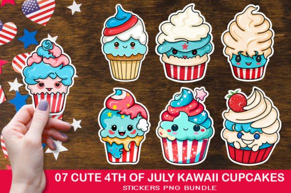 4th of July Kawaii Cupcakes Stickers Graphic Crafts By fokira