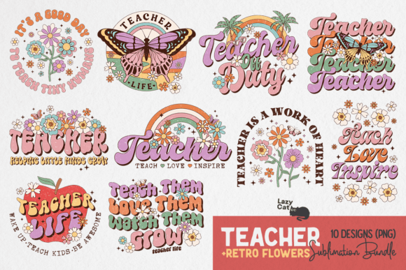 Teacher Retro Flower Sublimation Bundle Graphic Crafts By Lazy Cat