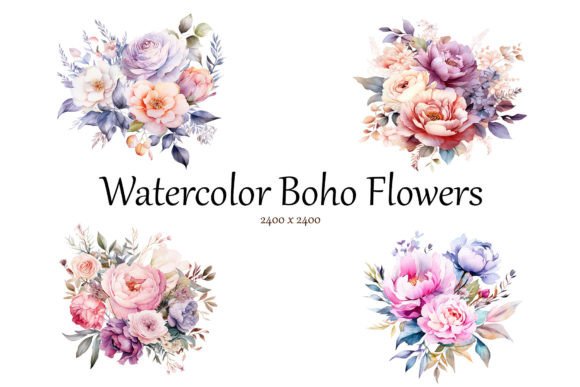 Watercolor Boho Flowers Graphic Illustrations By BonaDesigns